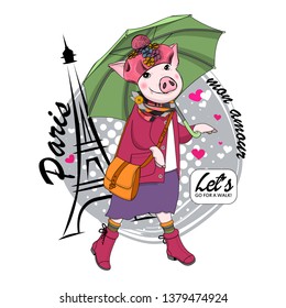 Pretty pig with pink hat, green umbrella, cheskered scarf and Eiffel Tower. Vector illustration of dressed piggy in Paris.