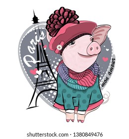 Pretty pig with pink hat, knitted scarf and Eiffel Tower. Vector illustration of dressed piggy in Paris.