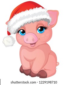 pretty pig in a Santa's red cap/vector illustration