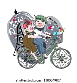 Pretty pigs with bike and Eiffel Tower. Hand drawn illustration of dressed piggy in Paris. Romantic and fun trip.