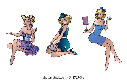 Pretty pin up girl in colorful clothes sitting on the floor. Stickers