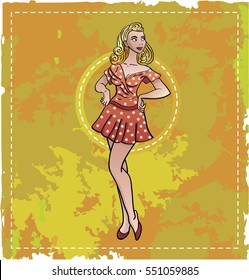 Pretty pin up girl in colorful clothes in yellow background in military style