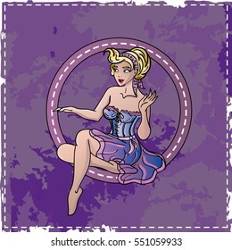 Pretty pin up girl in colorful clothes in purple background in military style