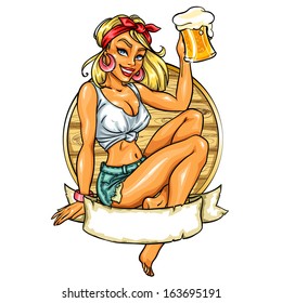 Pretty Pin Up Girl holding beer mug. Vector label with space for text.