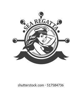 Pretty pin up girl, sailor old school style. Sea Regatta sign. Vector illustration
