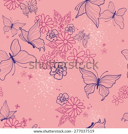 Pretty Pink Boho Butterfly Floral Seamless Stock-Vektorgrafik