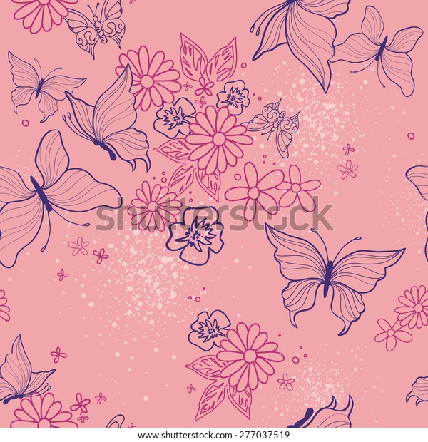 Pretty Pink Boho Butterfly Floral - Seamless Wallpaper Repeat Tile