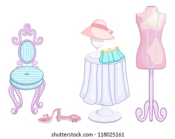 A pretty pink dressmakers dummy mannequin hung with pearls and other girly accessories for her dressing room or closet- clearly labeled layers, easy to edit vector.