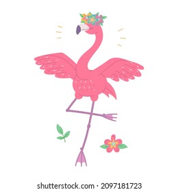 Pretty Pink Flamingo Dance With Wreath Flowers. African Bird Cartoon Flat Illustration.