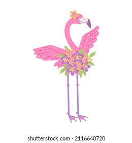 pretty pink flamingo with flowers. African bird cartoon flat illustration.