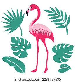 Pretty pink flamingo and tropical leaves vector cartoon illustration