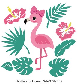 Pretty pink flamingo and tropical leaves vector cartoon illustration