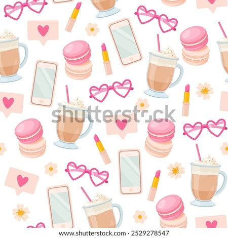 Pretty pink seamless pattern with girl things such latte cup, bright lipstick, macarons, decorative eyeglasses and flowers.