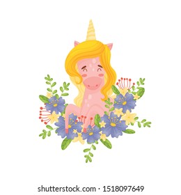 Pretty Pink Unicorn Female With Golden Mane Peeks Out From The Bouquet Vector Illustration