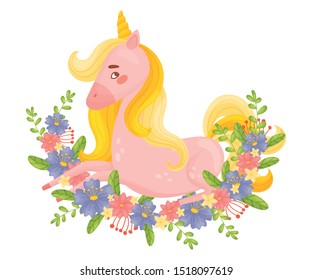 Pretty Pink Unicorn Lying On Ornate Flower Garland Vector Illustration Isolated On White Background