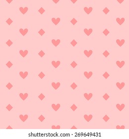 pretty pink vector seamless background with hearts and rhombuses
