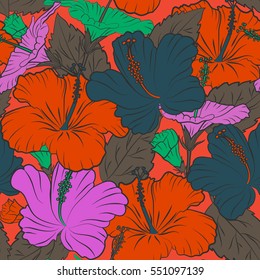 Pretty pink, violet and red floral print. Motley seamless pattern. Vector hibiscus flower background.