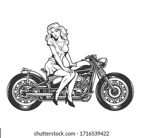 Pretty pinup girl sitting on motorcycle in vintage monochrome style isolated vector illustration