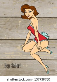 Pretty pin-up girl. Vintage background. American lifestyle.