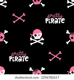 Patrón bonito de Pirate - colección de aventuras marinas. Chica basura pirata. Divertidos elementos piratas para los niños.