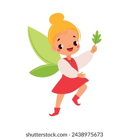 Pretty Pixie with Leaf and Wings as Fairy Tale Character Vector Illustration