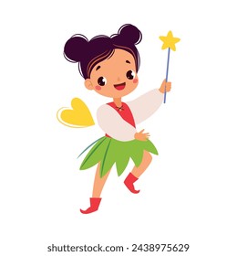 Pretty Pixie with Magic Wand and Wings as Fairy Tale Character Vector Illustration