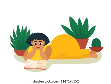 Pretty plump african woman read, cartoon vector illustration with lying stylish woman and plant isolated on white. Bodypositive woman reading book used for magazine, book, stickers, posters.