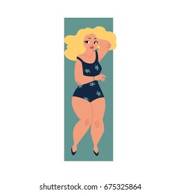 Pretty plump, plus size blond curvy woman, girl in swimming suit, top view cartoon vector illustration isolated on white background. Top view portrait of pretty plump woman, girl in swimming suit