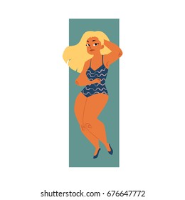 Pretty plump, plus size blond curvy woman, girl in swimming suit, top view cartoon vector illustration isolated on white background. Top view portrait of pretty plump woman, girl in swimming suit