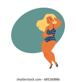Pretty plump, plus size blond curvy woman, girl in swimming suit, top view cartoon vector illustration with space for text. Top view portrait of pretty plump woman, girl in swimming suit