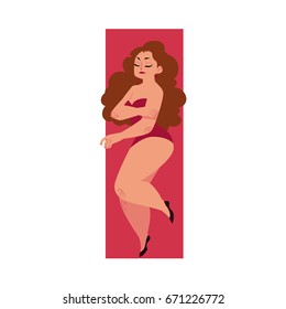 Pretty plump, plus size Caucasian curvy woman, girl in swimming suit, top view cartoon vector illustration isolated on white background. Top view portrait of pretty plump woman in swimming suit