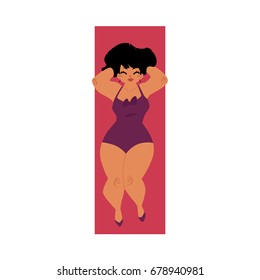 Pretty plump, plus size Caucasian curvy woman, girl in swimming suit, top view cartoon vector illustration isolated on white background. Top view portrait of pretty plump woman in swimming suit