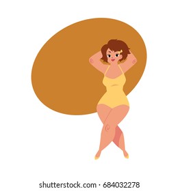 Pretty plump, plus size Caucasian curvy woman, girl in swimming suit, top view cartoon vector illustration with space for text. Top view portrait of pretty plump woman in swimming suit