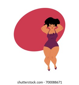 Pretty Plump, Plus Size Caucasian Curvy Woman, Girl In Swimming Suit, Top View Cartoon Vector Illustration With Space For Text.