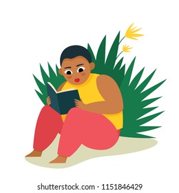 Pretty plump woman reading, cartoon vector illustration with sitting african woman and plant isolated on white background. Bodypositive woman reading book used for magazine, book, stickers, posters.