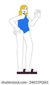 Pretty plus sized woman in swimsuit 2D linear cartoon character. Friendly curvy caucasian female isolated line vector person white background. Beach body positive color flat spot illustration