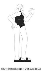 Pretty plus sized woman in swimsuit black and white 2D line cartoon character. Friendly curvy caucasian female isolated vector outline person. Beach body positive monochromatic flat spot illustration