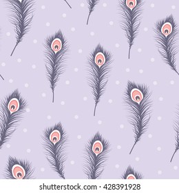Pretty Polka Dot Peacock Feather Seamless Repeat Wallpaper Tile - Lavender & Purple