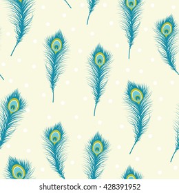 Pretty Polka Dot Peacock Feather Seamless Repeat Wallpaper Tile - Teal