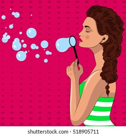 Pretty pop art girl blowes soap bubbles. Soap bubbles. Pop art vector illustration.