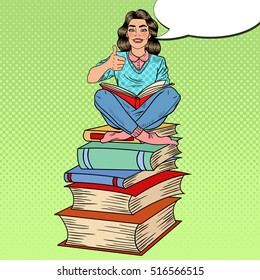 Pretty Pop Art Young Woman Sitting on the Stack of Books and Reading Book with Hand Sign Thumb Up. Vector illustration
