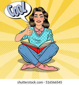 Pretty Pop Art Young Woman Sitting and Reading Book with Hand Sign Thumb Up. Vector illustration