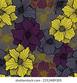Hübsche Mohnblüte nahtloses Muster. Bio-Bouquet-Zusammensetzung. Mohnblume mit gestreiften Blüten. Kippdruck. Wiese Blüte Frühling periodische Design Cover Motiv.