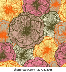 Pretty poppy floral summer vector seamless pattern. Hand drawn line texture blossom petals. Field poppy flower wrapper print design. Stylish garden flower ornament. Color fashion tissue print.