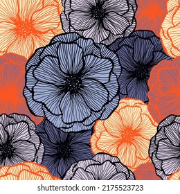 Pretty poppy floral summer vector seamless pattern. Hand drawn line texture blossom petals. Field poppy flower fabric print design. Elegant garden flower ornament. Spring card background.