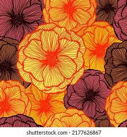 Pretty poppy floral summer vector seamless pattern. Doodle line texture blossom petals. Field poppy flower fabric print design. Bouquet flower unusual ornament. Nature shape repeat backdrop.