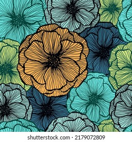 Bonito vector de verano floral de amapola sin fisuras. Pétalos de flor de textura dibujada a mano. Diseño de impresión de envoltorio de flores de amapola de campo. Papel pintado colorido de flores de buquet. Impresión de tejidos de moda de color.