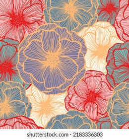 Pretty poppy floral summer vector seamless pattern. Doodle line texture blossom petals. Field poppy flower textile print design. Bouquet flower trendy ornament. Color fashion tissue print.