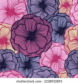 Pretty poppy floral summer vector seamless pattern. Doodle line texture blossom petals. Field poppy flower textile print design. Bouquet flower modern wallpaper. Flat graphic illustration.