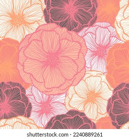 Pretty poppy floral summer vector seamless pattern. Doodle line texture blossom petals. Field poppy flower textile print design. Elegant garden flower ornament. Spring card background.